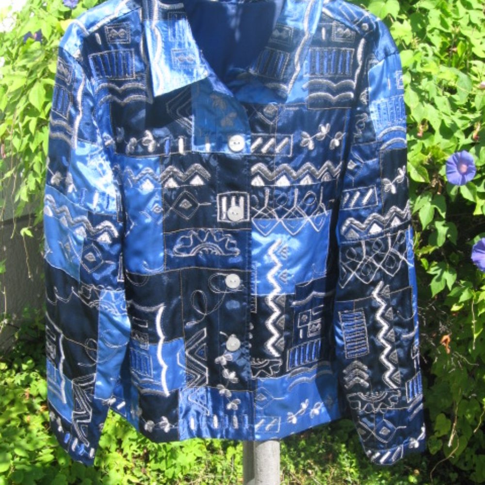 Blue Patchwork Embroidered Lightweight Jacket - image 1